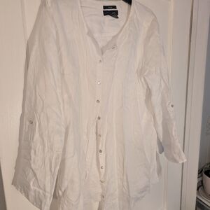 Tahari White Linen Button-Up Blouse 1X